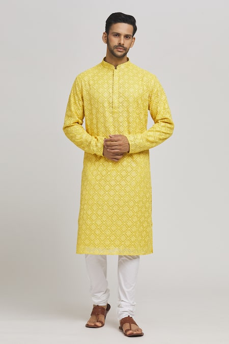 Buy_Aham-Vayam_Yellow Cotton Embroidery Phoolpatti Kurta And Churidar Set _Online_at_Aza_Fashions