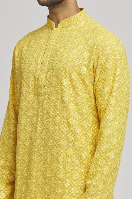 Shop_Aham-Vayam_Yellow Cotton Embroidery Phoolpatti Kurta And Churidar Set _Online_at_Aza_Fashions