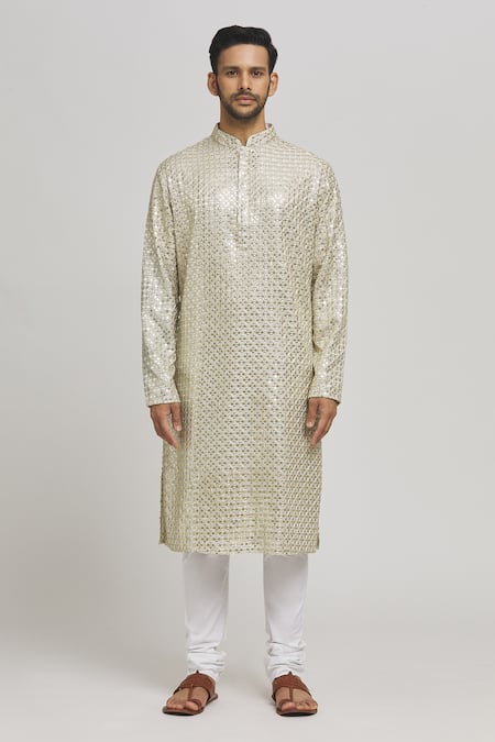 Aham-Vayam_Ivory Cotton Mirrors, Embroidery Swarna Kurta And Churidar Set _Online_at_Aza_Fashions