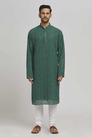 Aham-Vayam_Green Cotton Mirrors, Embroidery Lehar Kurta And Churidar Set _Online_at_Aza_Fashions