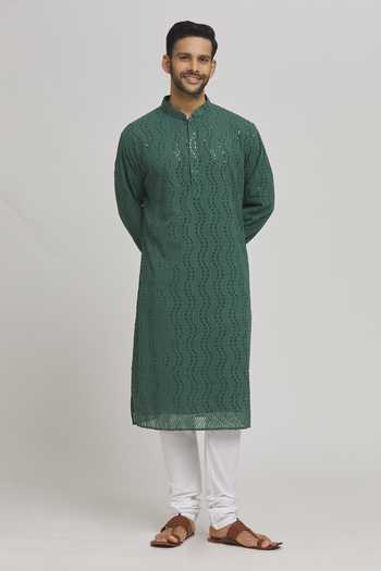Buy_Aham-Vayam_Green Cotton Mirrors, Embroidery Lehar Kurta And Churidar Set _Online_at_Aza_Fashions