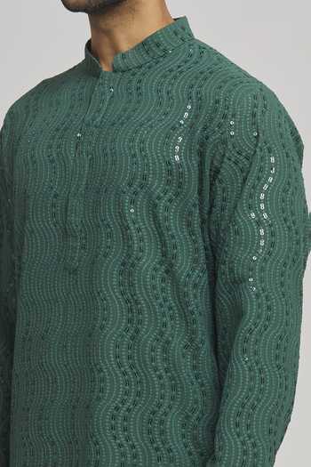 Shop_Aham-Vayam_Green Cotton Mirrors, Embroidery Lehar Kurta And Churidar Set _Online_at_Aza_Fashions