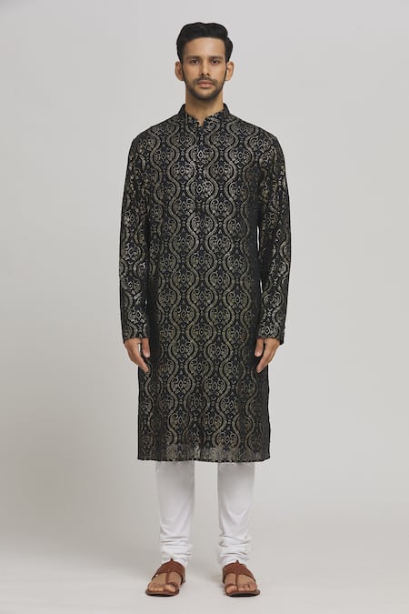 Buy_Aham-Vayam_Black Cotton Sequins, Embroidery Mehfil Kurta And Churidar Set _Online_at_Aza_Fashions