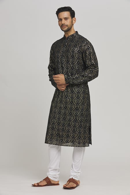 Shop_Aham-Vayam_Black Cotton Sequins, Embroidery Mehfil Kurta And Churidar Set _Online_at_Aza_Fashions