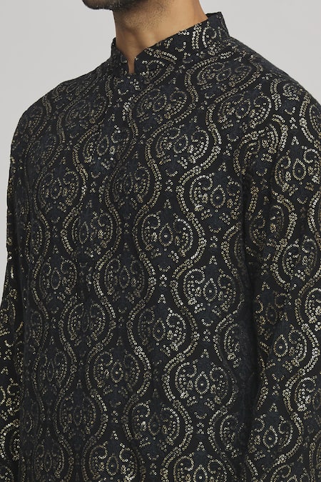 Aham-Vayam_Black Cotton Sequins, Embroidery Mehfil Kurta And Churidar Set _at_Aza_Fashions