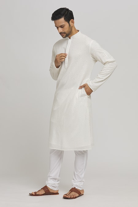 Buy_Aham-Vayam_White Cotton Sequins, Embroidery Sonabarfi Kurta And Churidar Set _Online_at_Aza_Fashions