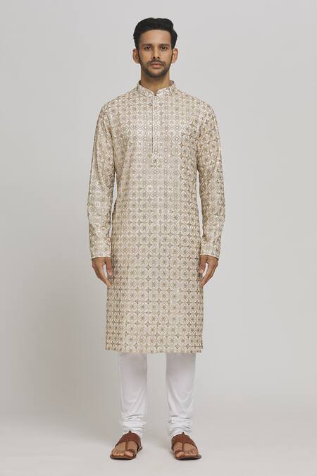 Aham-Vayam_Ivory Cotton Sequins, Embroidery Sunehra Sitara Kurta And Churidar Set _Online_at_Aza_Fashions