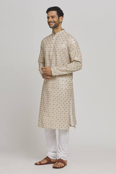 Buy_Aham-Vayam_Ivory Cotton Sequins, Embroidery Sunehra Sitara Kurta And Churidar Set _Online_at_Aza_Fashions