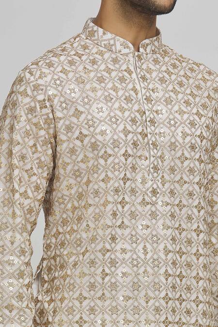 Shop_Aham-Vayam_Ivory Cotton Sequins, Embroidery Sunehra Sitara Kurta And Churidar Set _Online_at_Aza_Fashions