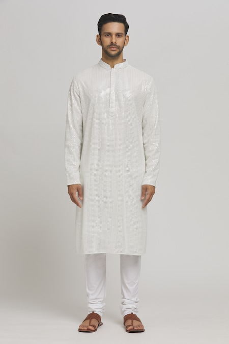 Aham-Vayam_White Cotton Mirrors, Embroidery Kaanchkaari Kurta And Churidar Set _Online_at_Aza_Fashions