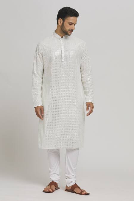 Buy_Aham-Vayam_White Cotton Mirrors, Embroidery Kaanchkaari Kurta And Churidar Set _Online_at_Aza_Fashions