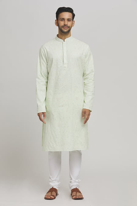 Aham-Vayam_Green Cotton Sequins, Embroidery Flora Kurta And Churidar Set _Online_at_Aza_Fashions