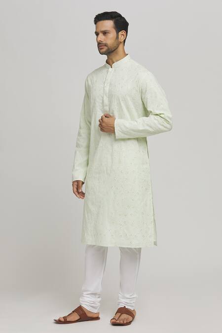 Buy_Aham-Vayam_Green Cotton Sequins, Embroidery Flora Kurta And Churidar Set _Online_at_Aza_Fashions