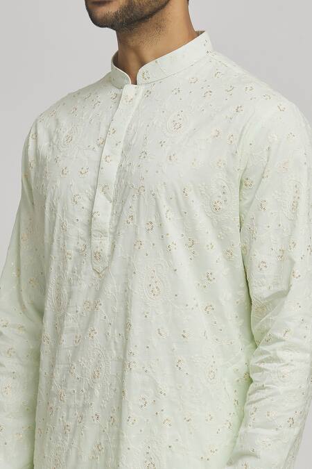 Shop_Aham-Vayam_Green Cotton Sequins, Embroidery Flora Kurta And Churidar Set _Online_at_Aza_Fashions