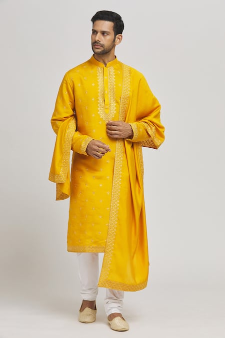 Aham-Vayam Yellow Cotton Silk Blend Embroidered Sequins Riwaaz Kurta Set 