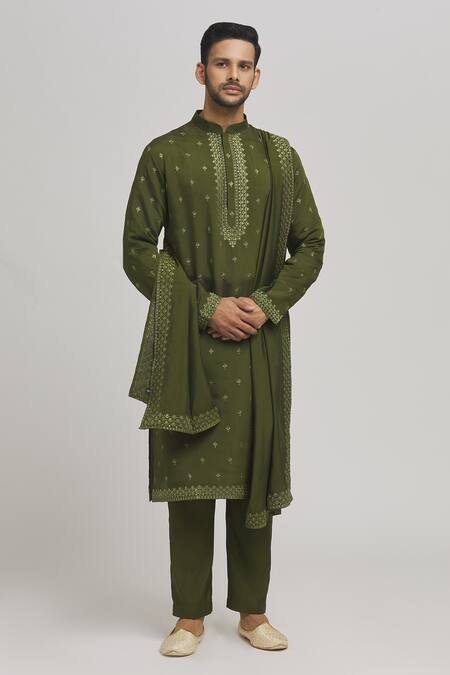 Shop Aham-Vayam Green Cotton, Silk Sequins, Embroidery Riwazz Embellished Kurta Churidar Set Online at Aza Fashions Shop_Aham-Vayam_Green Cotton, Silk Sequins, Embroidery Riwazz Embellished Kurta Churidar Set _Online_at_Aza_Fashions
