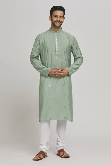 Buy_Aham-Vayam_Green Cotton, Silk Embroidery, Sequins Mahrash Geometric Kurta With Churidar_Online_at_Aza_Fashions