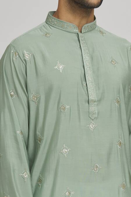 Shop_Aham-Vayam_Green Cotton, Silk Embroidery, Sequins Mahrash Geometric Kurta With Churidar_Online_at_Aza_Fashions