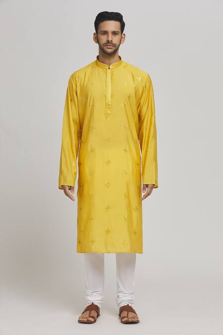 Buy_Aham-Vayam_Yellow Cotton, Silk Sequins, Mahrash Work Embellished Kurta With Churidar _Online_at_Aza_Fashions