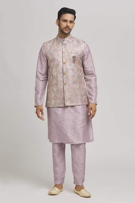 Aham-Vayam Purple Cotton Embroidered Sequin Sona Geometric Bundi Kurta Set 