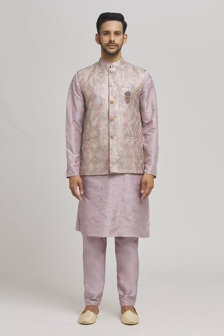 Buy_Aham-Vayam_Purple Cotton Sequins, Embroidery Pastel Geometric Bundi Set _Online_at_Aza_Fashions