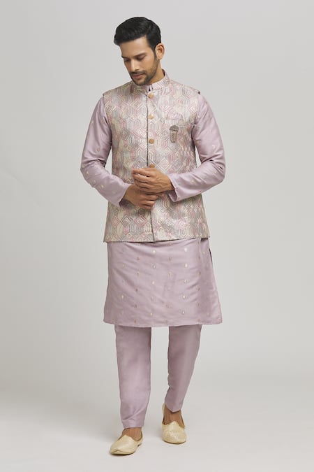 Shop_Aham-Vayam_Purple Cotton Sequins, Embroidery Pastel Geometric Bundi Set _Online_at_Aza_Fashions