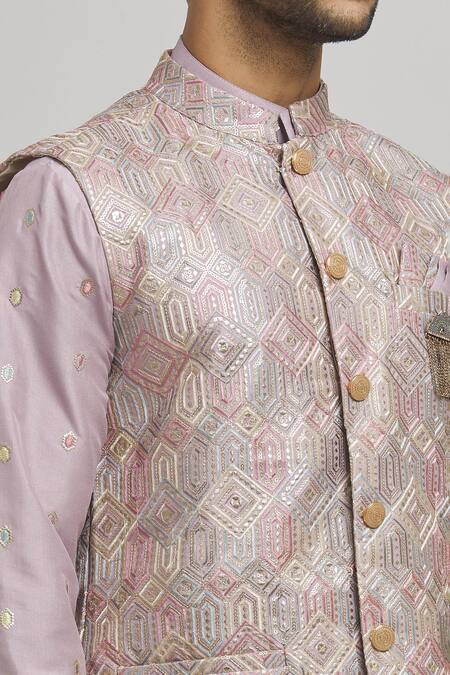 Aham-Vayam_Purple Cotton Sequins, Embroidery Pastel Geometric Bundi Set _at_Aza_Fashions