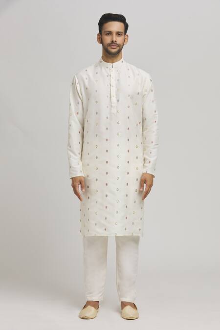 Aham-Vayam_Ivory Cotton Sequins, Embroidery Honeycomb Bundi Kurta Set _Online_at_Aza_Fashions