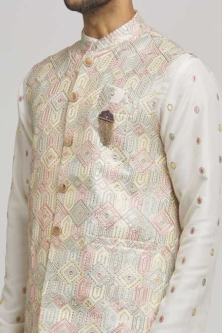 Shop_Aham-Vayam_Ivory Cotton Sequins, Embroidery Honeycomb Bundi Kurta Set _Online_at_Aza_Fashions