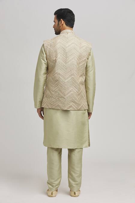 Aham-Vayam Chevron Embroidered Bundi Kurta Set 