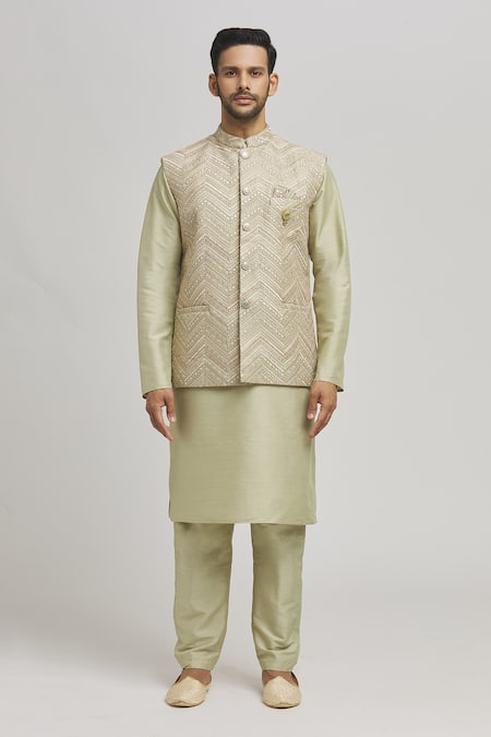 Buy_Aham-Vayam_Green Cotton Embroidery Chevron Bundi Kurta Set _Online_at_Aza_Fashions