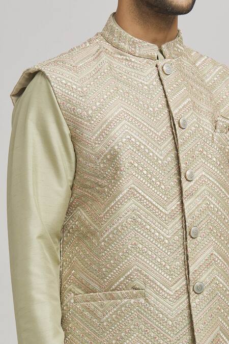 Shop_Aham-Vayam_Green Cotton Embroidery Chevron Bundi Kurta Set _Online_at_Aza_Fashions