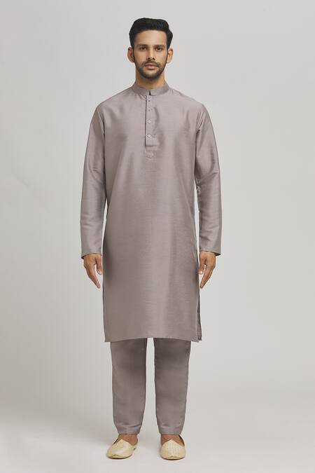Aham-Vayam_Gray Cotton Embroidery Scallop Grey Bundi Kurta Set _Online_at_Aza_Fashions