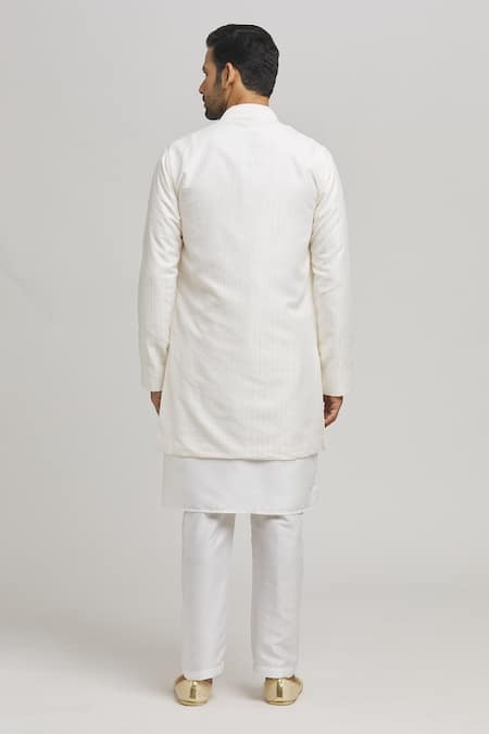 Shop Aham-Vayam Off White Cotton Embroidery Stripe Pattern Jacket Kurta Set at Aza Fashions Shop_Aham-Vayam_Off White Cotton Embroidery Stripe Pattern Jacket Kurta Set _at_Aza_Fashions