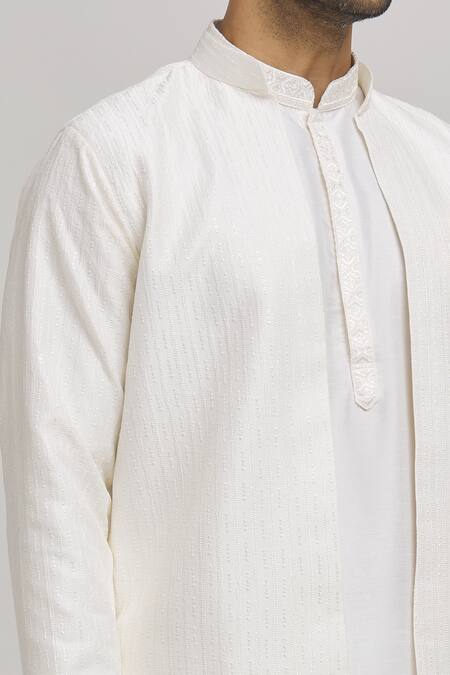 Shop Aham-Vayam Off White Cotton Embroidery Stripe Pattern Jacket Kurta Set Online at Aza Fashions Shop_Aham-Vayam_Off White Cotton Embroidery Stripe Pattern Jacket Kurta Set _Online_at_Aza_Fashions
