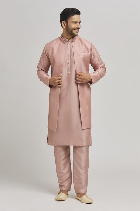 Aham-Vayam Peach Cotton Embroidered Thread Stripe Pattern Jacket Kurta Set 