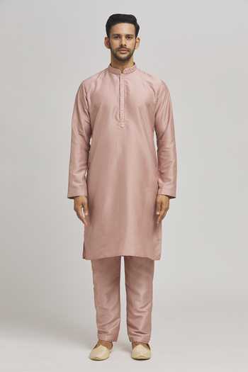 Aham-Vayam_Peach Cotton Embroidery Stripe Pattern Jacket Kurta Set _Online_at_Aza_Fashions