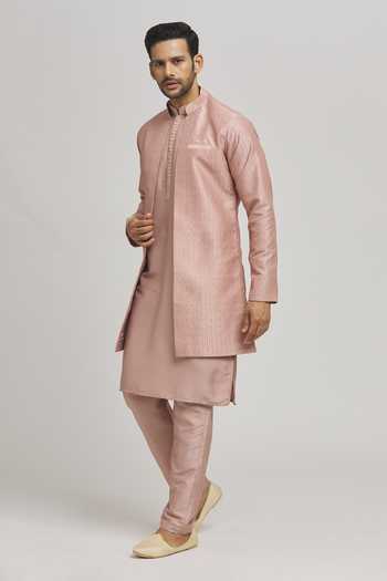 Buy_Aham-Vayam_Peach Cotton Embroidery Stripe Pattern Jacket Kurta Set _Online_at_Aza_Fashions
