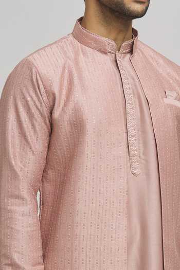 Shop_Aham-Vayam_Peach Cotton Embroidery Stripe Pattern Jacket Kurta Set _Online_at_Aza_Fashions