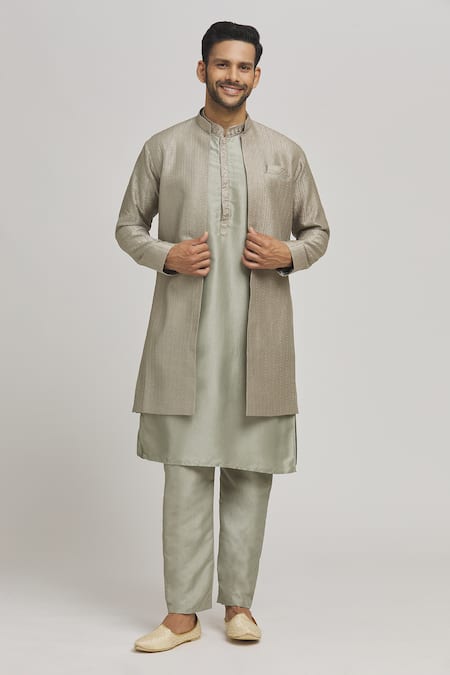 Aham-Vayam Stripe Embroidered Jacket Kurta Set 