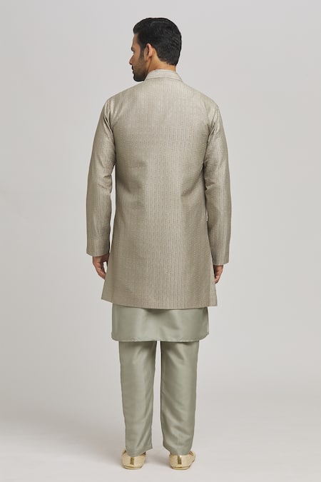 Shop Aham-Vayam Green Cotton Embroidery Stripe Jacket Kurta Set at Aza Fashions Shop_Aham-Vayam_Green Cotton Embroidery Stripe Jacket Kurta Set _at_Aza_Fashions