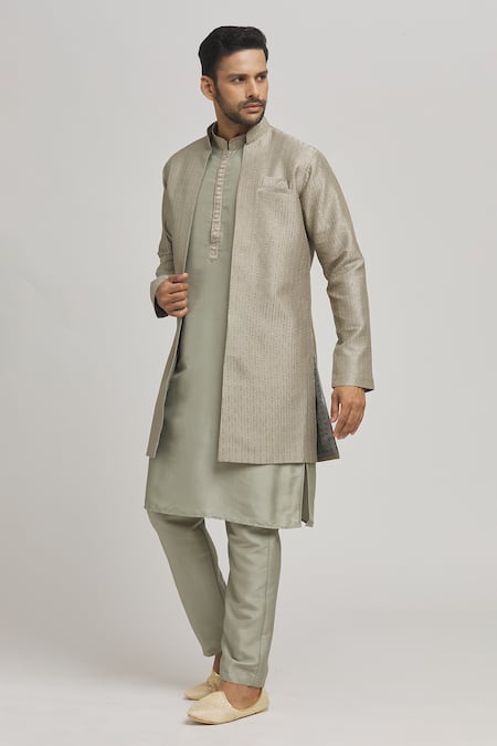 Buy Aham-Vayam Green Cotton Embroidery Stripe Jacket Kurta Set Online at Aza Fashions Buy_Aham-Vayam_Green Cotton Embroidery Stripe Jacket Kurta Set _Online_at_Aza_Fashions