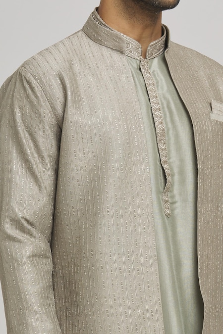 Shop Aham-Vayam Green Cotton Embroidery Stripe Jacket Kurta Set Online at Aza Fashions Shop_Aham-Vayam_Green Cotton Embroidery Stripe Jacket Kurta Set _Online_at_Aza_Fashions