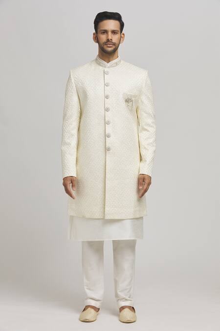 Aham-Vayam_White Cotton Sequins Mahotsav Geometric Pattern Sherwani Pant Set _Online_at_Aza_Fashions