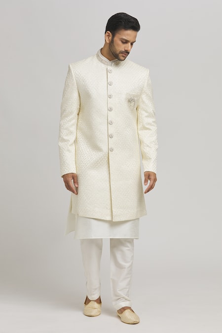 Buy_Aham-Vayam_White Cotton Sequins Mahotsav Geometric Pattern Sherwani Pant Set _Online_at_Aza_Fashions