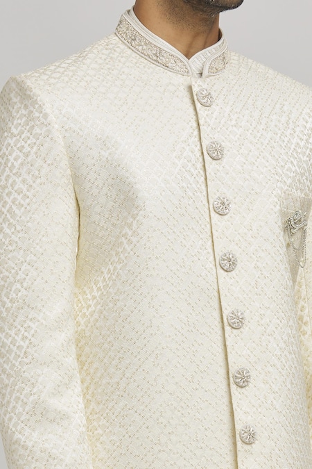 Shop_Aham-Vayam_White Cotton Sequins Mahotsav Geometric Pattern Sherwani Pant Set _Online_at_Aza_Fashions