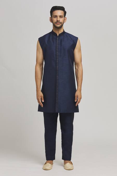 Aham-Vayam_Blue Cotton Sequins, Embroidery Govindam Embellished Achkan Pant Set _Online_at_Aza_Fashions