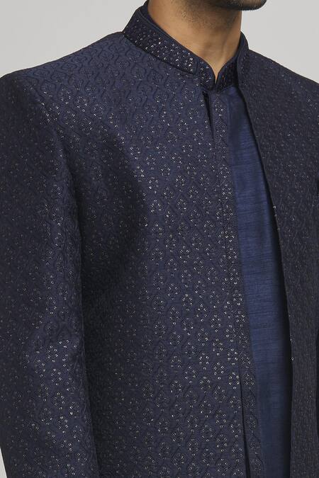 Shop_Aham-Vayam_Blue Cotton Sequins, Embroidery Govindam Embellished Achkan Pant Set _Online_at_Aza_Fashions