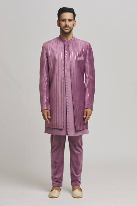 Aham-Vayam_Purple Cotton, Velvet Sequins Amiri Embroidered Sherawni With Pant _Online_at_Aza_Fashions