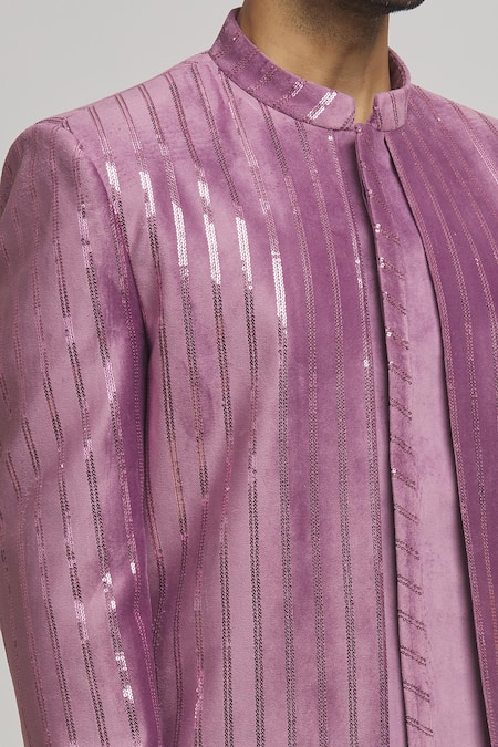 Shop_Aham-Vayam_Purple Cotton, Velvet Sequins Amiri Embroidered Sherawni With Pant _Online_at_Aza_Fashions